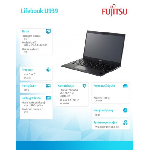 Notebook Lifebook U939 W10P Black i7-8665U/16G/SSD256M.2 VFY:U9390M470SPL