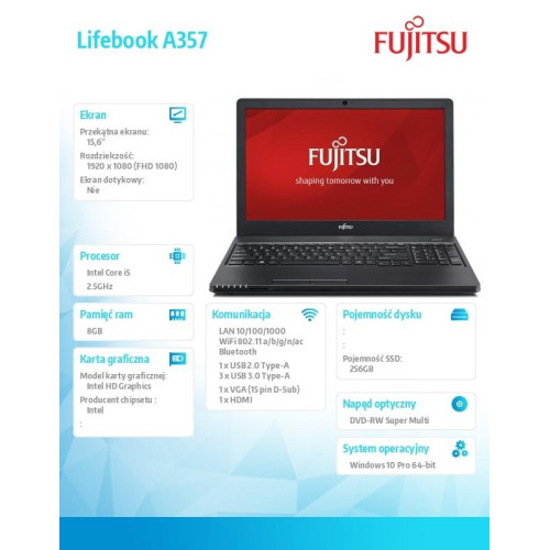 Notebook Lifebook A357/W10P 8GB/SSD256/DVD/i5-7200U