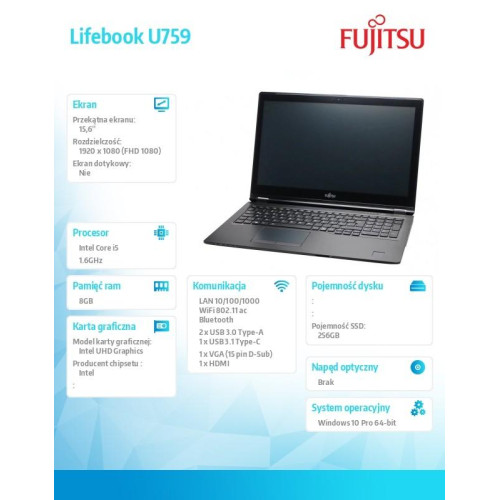 Notebook Lifebook U759 15,6 i5-8265U/8GB/SSD256/W10P VFY:U7590M450SPL