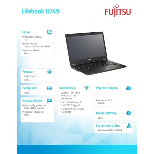 Notebook Lifebook U749 14,0 i3-8145U/8G/W10P/SSD256 VFY:U7490M430SPL