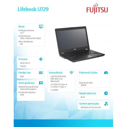 Notebook Lifebook U729 12,5 i7-8565U/8GB/W10P/SSD256 VFY:U7290M470SPL