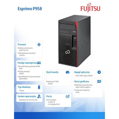 Fujitsu Esprimo P958 E94+ i5-9500 8GB 512SSD WLAN BT DVDSM W10P 3Y