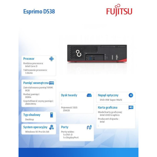 FUJITSU ESPRIMO D538 i3-9100 8GB SSD 256GB Win10P 