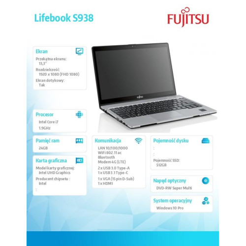 Notebook Lifebook S938 W10P/3YO i7-8650U/24G/SSD512M.2 PCK:S9380M171WPL