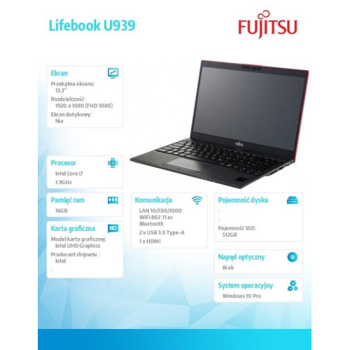 Notebook Lifebook U939 W10P Black i7-8665U/16G/SSD512/3YO PCK:U9390M171SPL