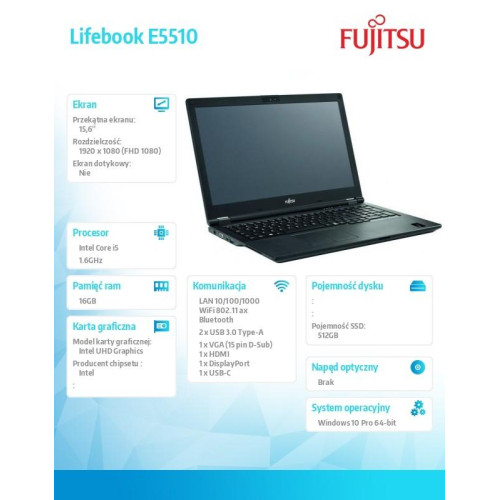 Fujitsu Lifebook E5510 FHD i5-10210U 16GB 512SSD W10P 3YOS
