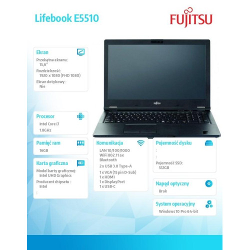 Fujitsu Lifebook E5510 FHD i7-10510U 16GB 512SSD W10P 3YOS