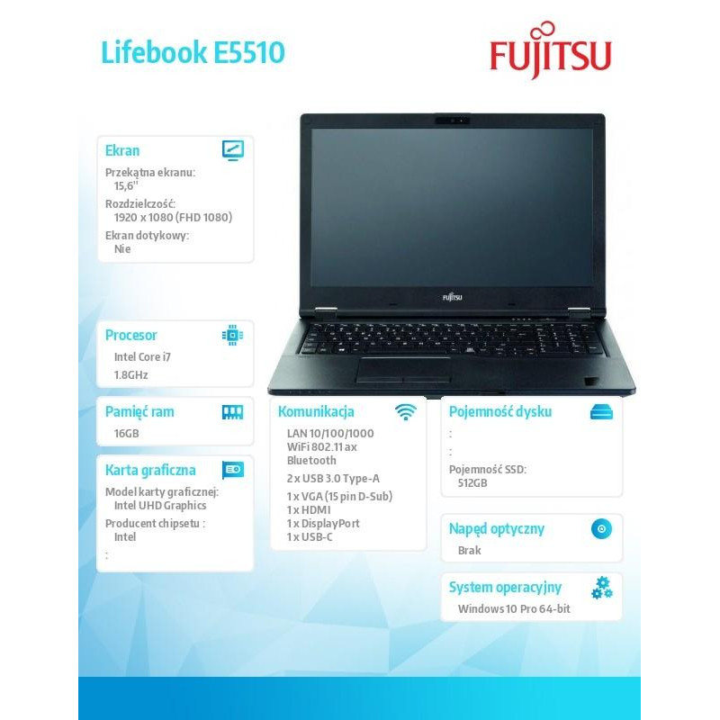 Fujitsu Lifebook E5510 FHD i7-10510U 16GB 512SSD W10P 3YOS
