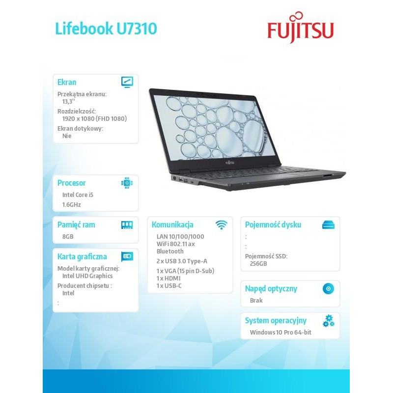 Laptop Fujitsu Lifebook U7310 FHD i5-10210U 8GB 256SSD W10P 3YOS