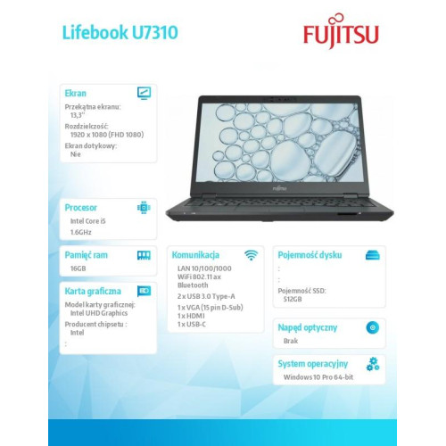 Laptop Fujitsu Lifebook U7310 FHD i5-10210U 16GB 256SSD W10P 3YOS