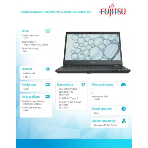 Laptop Fujitsu Lifebook U7310 FHD i7-10510U 16GB 512SSD W10P 3YOS