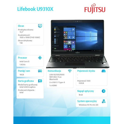 Fujitsu Lifebook U9310X BLACK FHD i5-10210U 16GB 512SSD W10P 3YOS