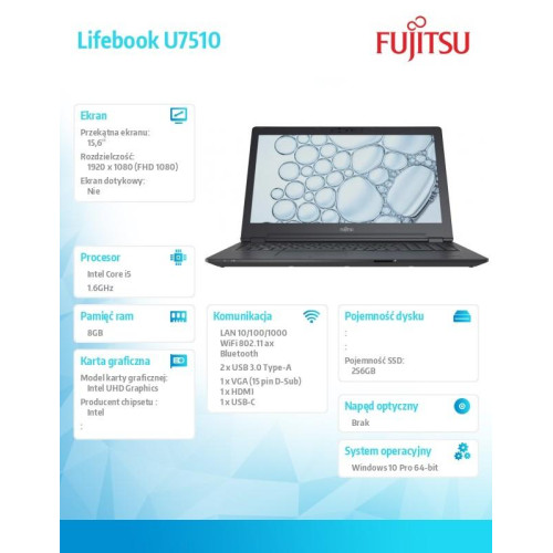 Laptop Fujitsu Lifebook U7510 FHD i5-10210U 8GB 256SSD W10P 3YOS