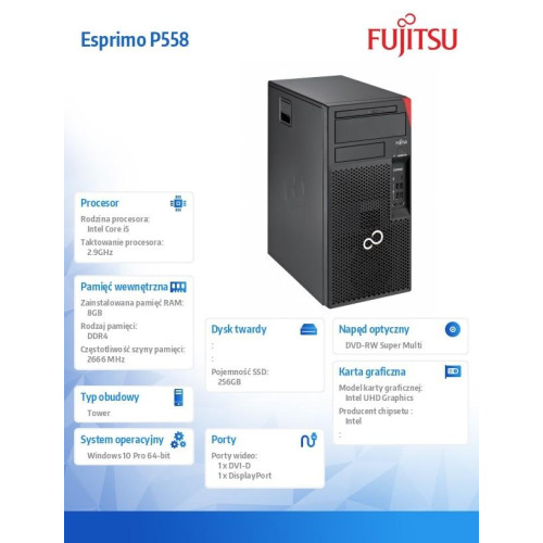 FUJITSU ESPRIMO P558 E85+ Core i5-9400 8GB DVD-SM SSD 256GB NVMe KB Mouse Win10 Pro64 3y OS,9x5