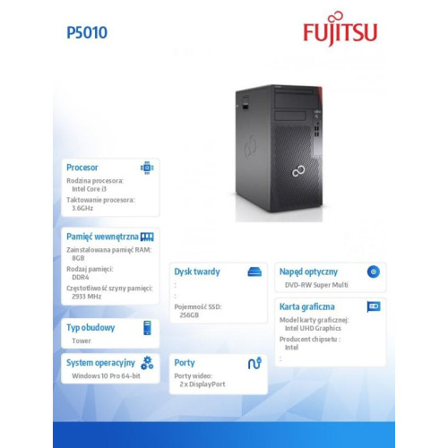 FUJITSU ESPRIMO P5010 E85+ i3-10100 8GB DVD-SM SSD 256GB NVMe SPK WiFi BT Win10 Pro64 3YOS