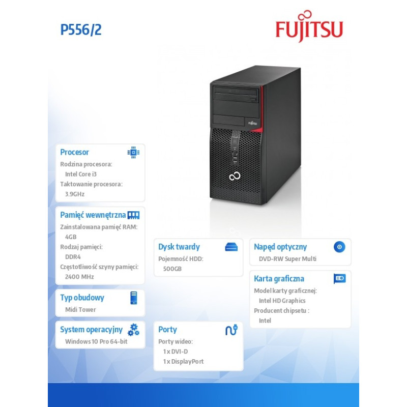 FUJITSU ESPRIMO P556/2 E85+ Core i3-7100 4GB DVD-SM 500GB KB Mouse Win10 Pro64