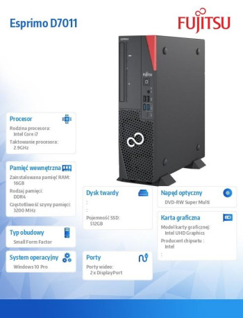 Fujitsu ESPRIMO D7011 i7-10700 16GB SSD 512GB NVMe DVD Gold 280W Win10 Pro64 3YOS
