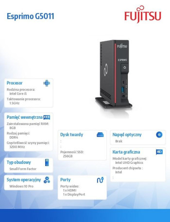 Komputer Fujitsu Esprimo G5011 i5-11500T 8GB 256SSD WIFI BT TPM W10P 1YBiS