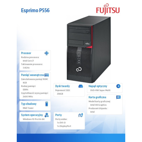 FUJITSU ESPRIMO P556/2 E85+ Core i7-7700 8GB DVD-SM SSD 256GB KB Mouse Win10 Pro64