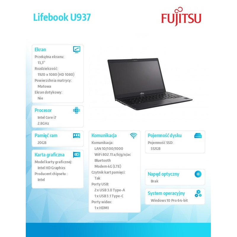 FUJITSU Lifebook U937 13,3" FHD Core i7-7600U vPro 20GB SSD 512GB NVMe SED WiFi-AC LTE EM7455 Palm Vein SC TPM 4cell 50Wh Win10 