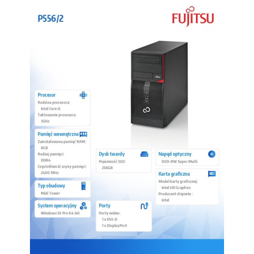 FUJITSU ESPRIMO P556/2 E85+ Core i5-7400 8GB DVD-SM SSD 256GB KB Mouse Win10 Pro64