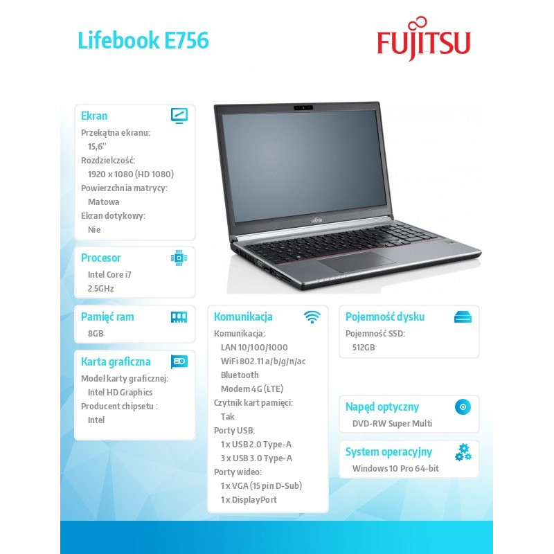 FUJITSU Lifebook E756 15,6" FHD Core i7-6500U 8GB DVD-SM SSD 512GB SED WiFI-AC BT LTE EM7305 FP TPM SC 6cell 72Wh backlit KB Win