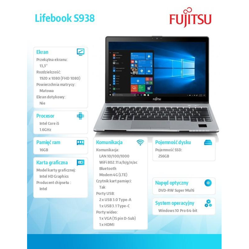 Fujitsu Lifebook S938 FHD i5-8250U 16GB 256SSD PS DVDSM W10P 3YOS