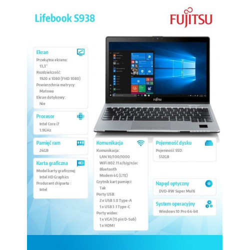 Fujitsu Lifebook S938 FHD i7-8650U 24GB 512SSD PS DVDSM W10P 3YOS