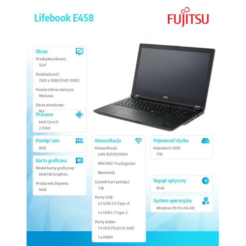 Fujitsu Lifebook E458 FHD i3-7130U 8GB 1TB W10P 1Y