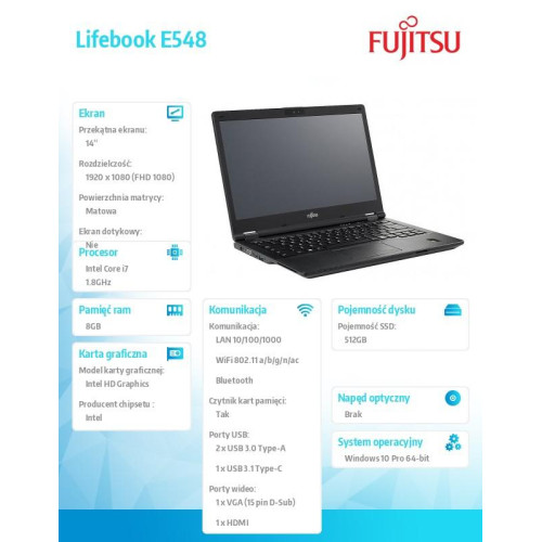 Fujitsu Notebook Lifebook E548 i7-8550U,8GB,SSD M.2 512GB