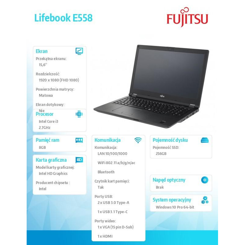 Fujitsu Lifebook E558 FHD i3-7130U 8GB 256SSD W10P 1Y