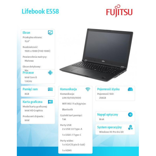 Fujitsu Notebook Lifebook E558 i5-8250U,8GB,SSD M.2 256GB