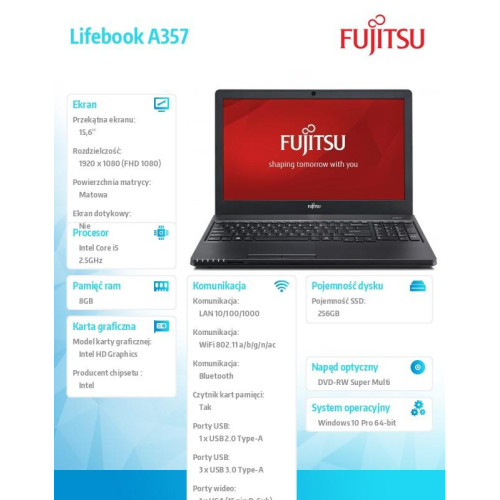 Fujitsu Lifebook A357 FHD i5-7200U 8GB 256SSD W10P 1Y