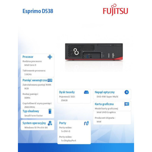 Fujitsu Esprimo D538 i3-8100 8GB 256SSD DVDSM W10P 1Y