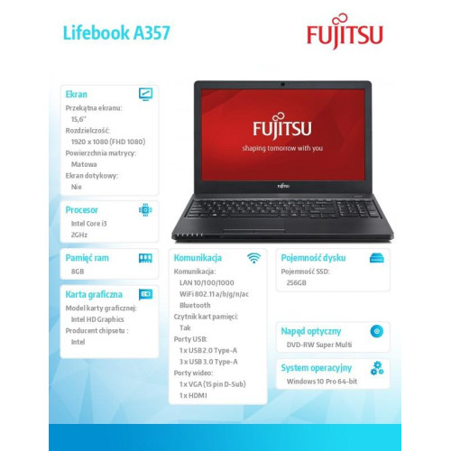 Fujitsu Lifebook A357 FHD i3-6006U 8GB 256SD W10P 1Y