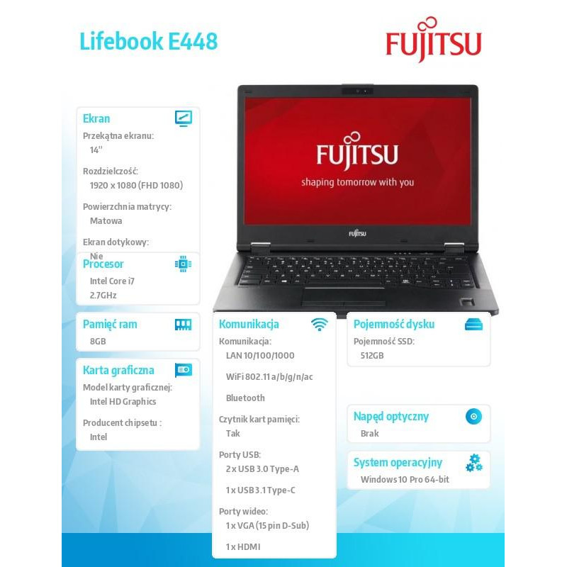 Fujitsu Lifebook E448 FHD i5-7200U 8GB 256SSD W10P 1Y