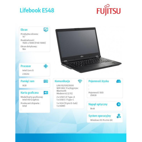 Fujitsu Notebook LifebookE548 14 i5-7300U 8GB SSD256 W10P