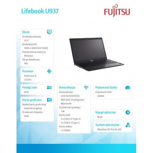 FUJITSU Lifebook U937 13,3" FHD Core i5-7200U 8GB SSD 256GB M.2 WiFi-AC BT LTE ready kit FP SC Slot TPM 4cell 50Wh Win10 Pro64 2