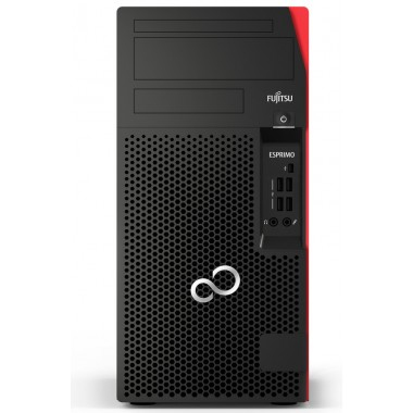 Fujitsu ESPRIMO P957 Tower, widok z przodu; czarna obudowa z czerwonym akcentem, napędy 5,25" i porty USB z boku.