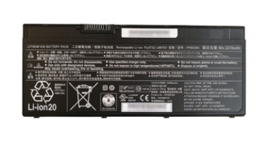 Fujitsu LIFEBOOK U7310 battery pack, black rectangular casing, front view with warning labels and markings