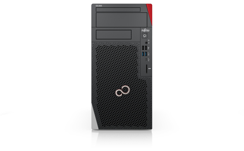 Stacja robocza Fujitsu Celsius W5012 w obudowie tower, widok z przodu; czarna front z perforacją, czerwony akcent.