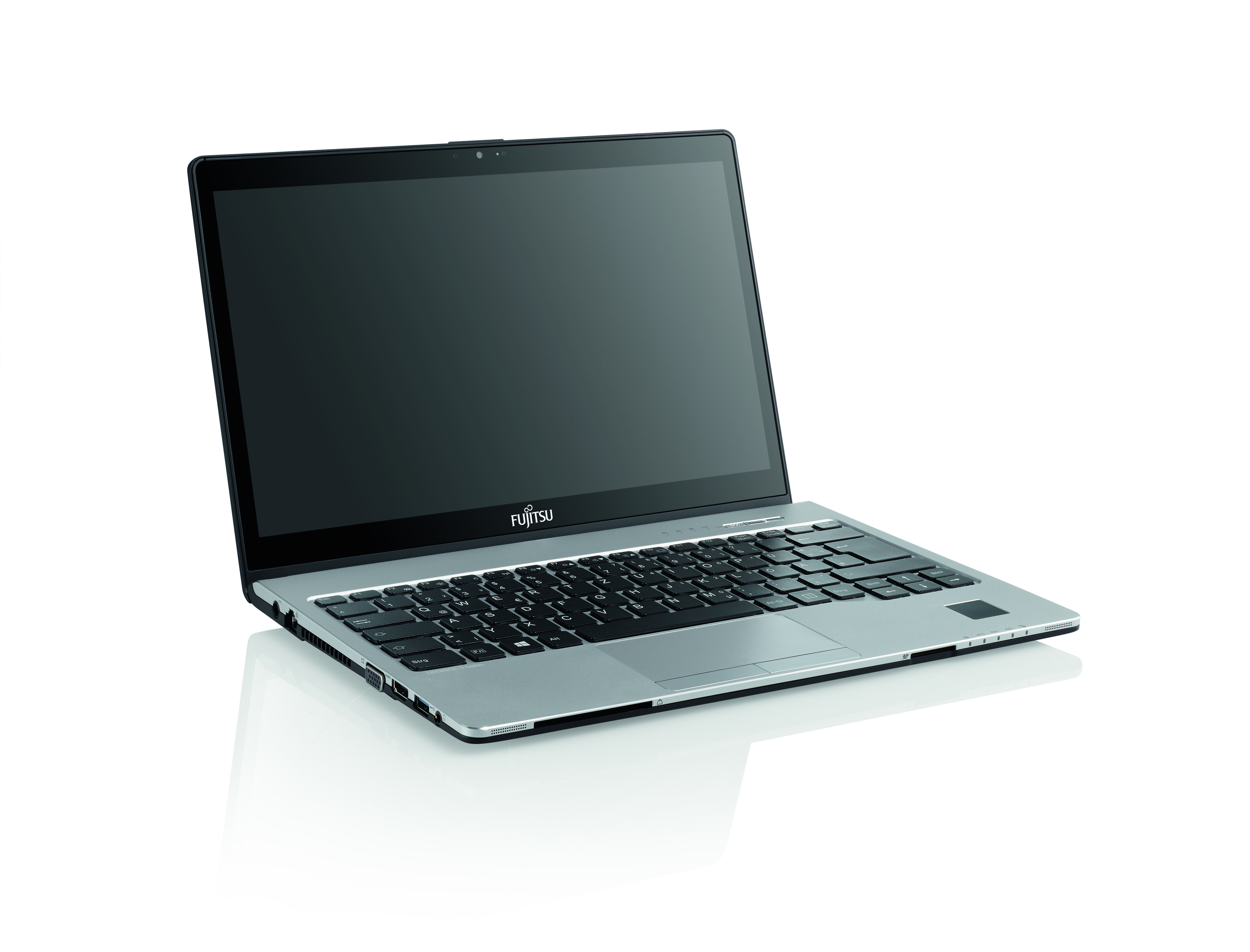 Laptop Fujitsu Lifebook S937 w srebrno-czarnej obudowie, widok z przodu pod kątem, na białym tle.