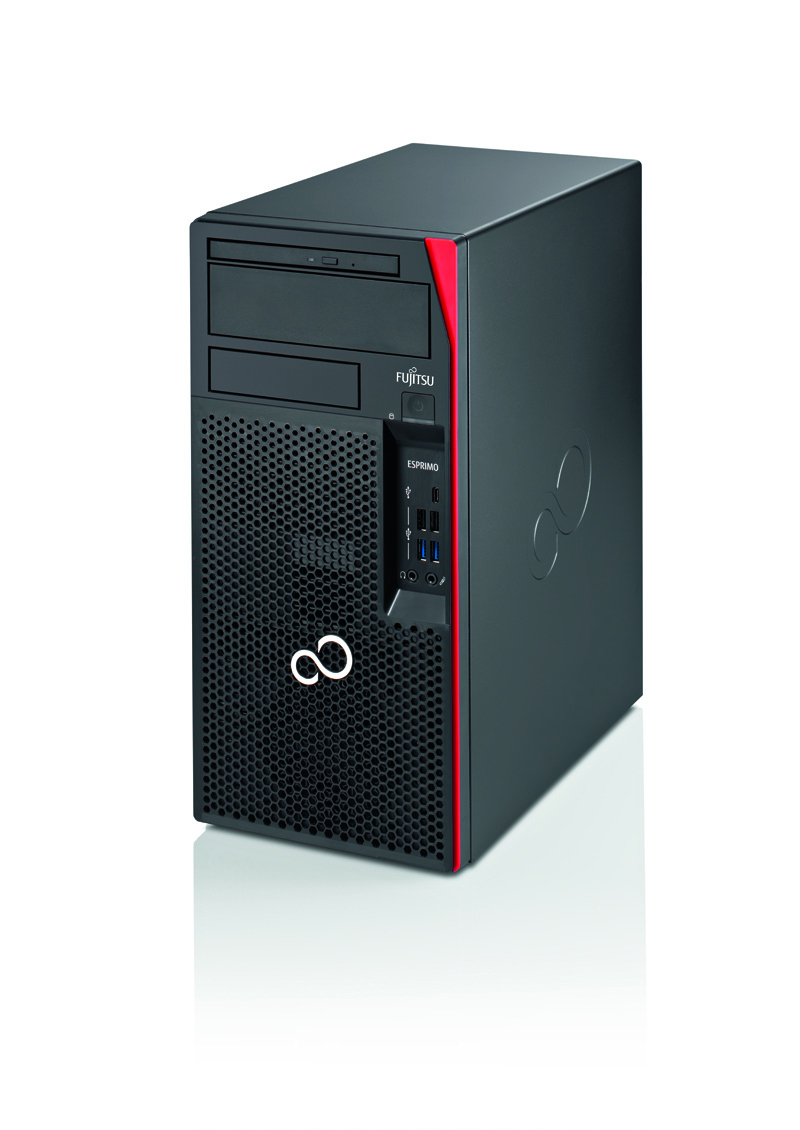 Komputer stacjonarny Fujitsu Esprimo w obudowie tower, czarnej z czerwonym akcentem, ujęcie z przodu i z boku