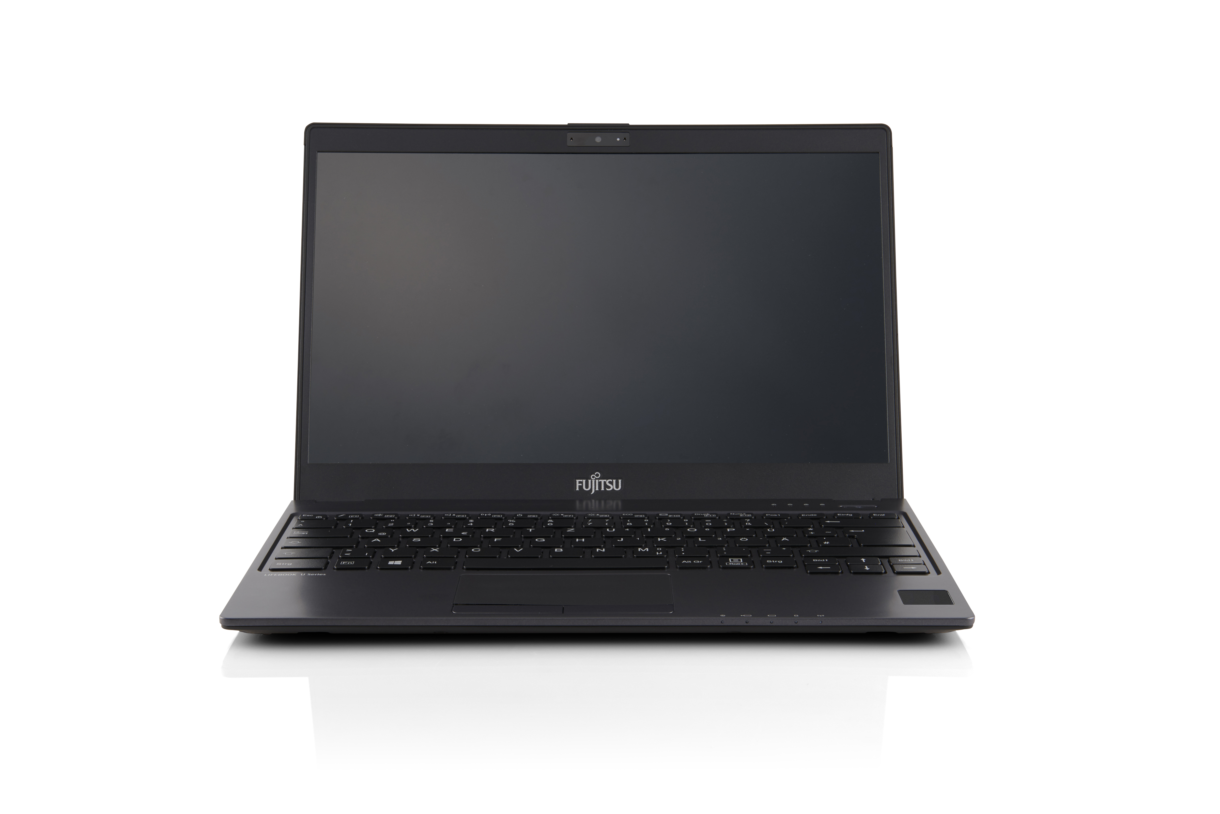 Laptop Fujitsu LifeBook U Series w czarnej obudowie, widok z przodu na białym tle, z logo Fujitsu na pokrywie.