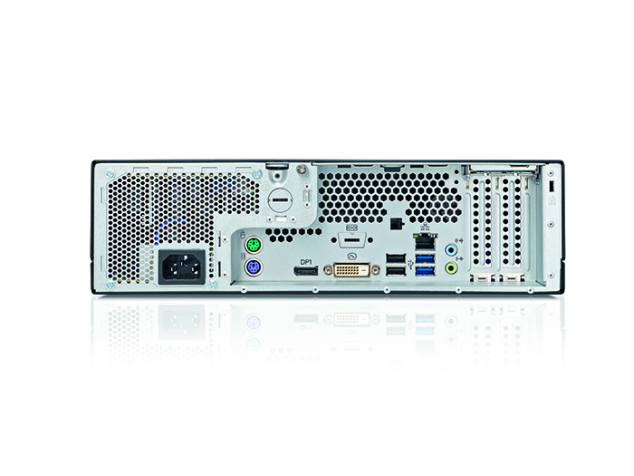 Tylny panel komputera Fujitsu Esprimo D538 z portami PS/2, DisplayPort, DVI, USB, LAN i audio oraz gniazdem zasilania.