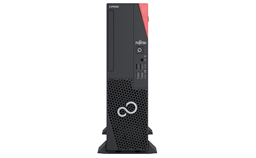 Komputer stacjonarny Fujitsu ESPRIMO w obudowie SFF, czarny z czerwonym akcentem, widok z przodu.