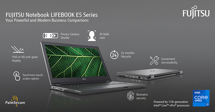 Laptop Fujitsu LIFEBOOK E5 z otwartym ekranem i zestawieniem funkcji: kamera IR Hello, zasłona prywatności, skaner dłoni.
