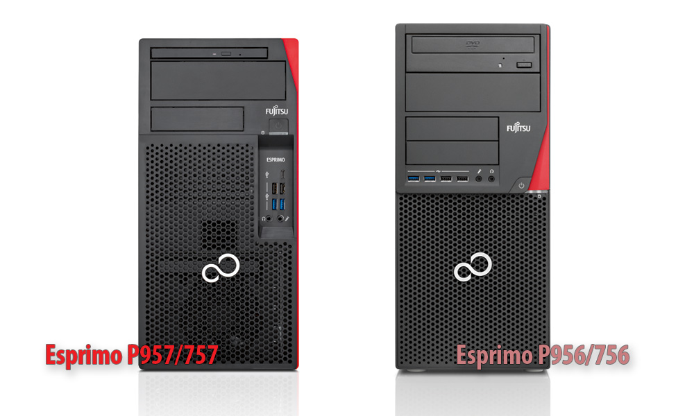 Porównanie dwóch komputerów stacjonarnych Fujitsu Esprimo P957/757 i P956/756 w obudowach tower, czarnych z czerwonymi akcentami