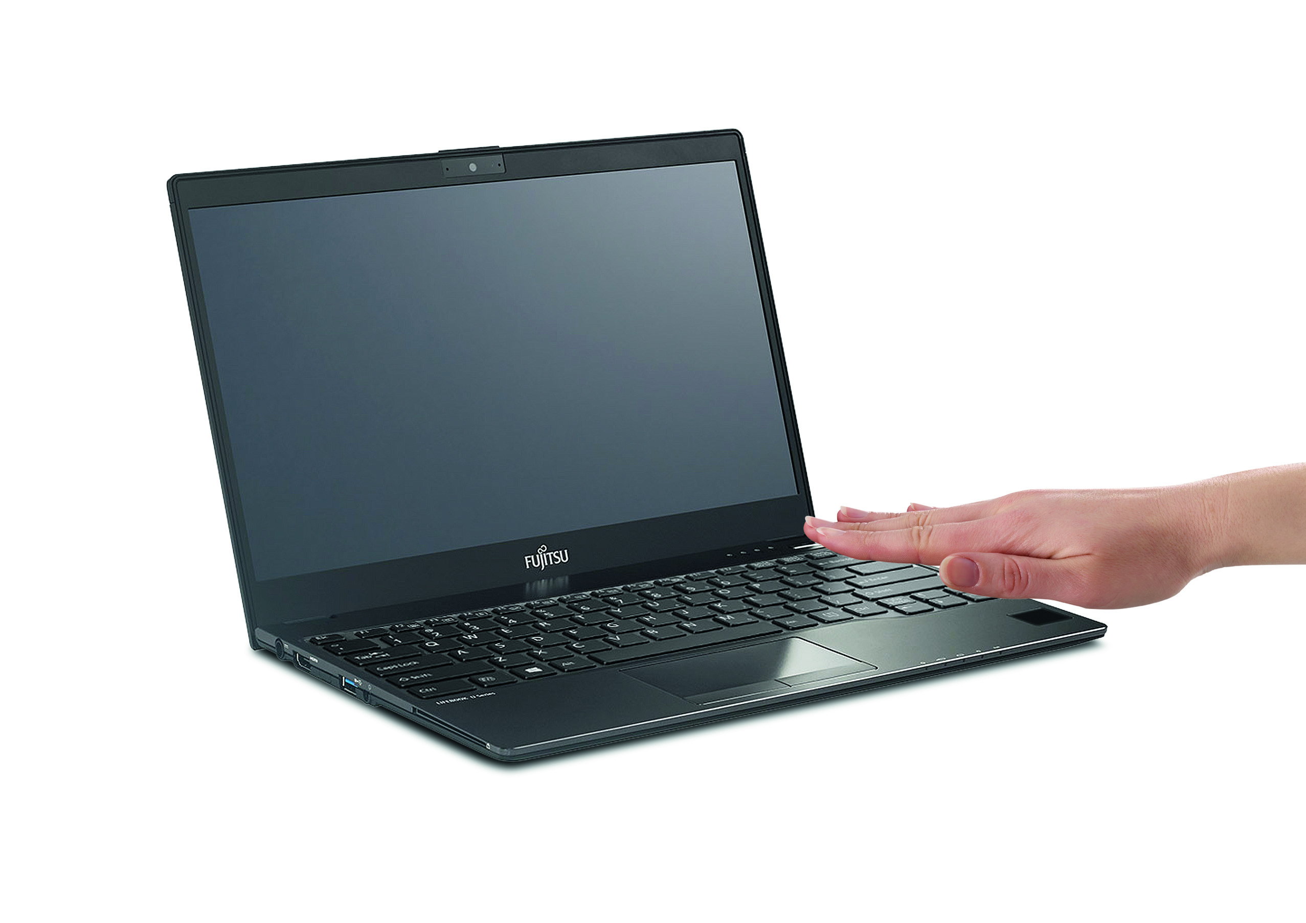 Laptop Fujitsu z czytnikiem linii dłoni, dłoń kładzie się na podpórce przy klawiaturze, widok z boku