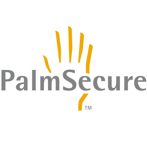 Logo PalmSecure z żółtą dłonią nad szarym napisem; to logo technologii biometrycznej Fujitsu.
